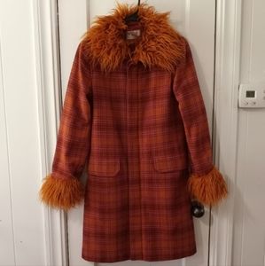 Vintage 1970s Plaid Wool Coat With Faux Shag Fur Trim Women's Size Small
